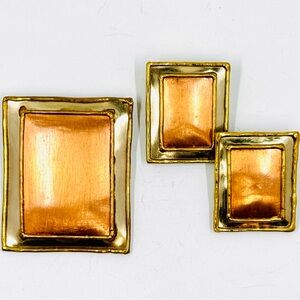 Vintage Mixed Metals Rectangular Statement Brooch/Pendant & Clip On Earrings Set